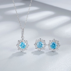 Темно-Голубой Цветок 925 ожерелье из стерлингового серебра с кубическим цирконием и серьга-гвоздик, платина, глубокое синее небо, 400 мм и 10 мм