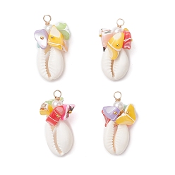 Золотой Подвески из натуральных ракушек каури и окрашенных натуральных ракушек трохид, подвески в форме ракушки с медной проволокой, обернутой в искусственный жемчуг, разноцветные, золотые, 34.5~36.5x17.5~18.5x15.5~18.5 мм, отверстие : 3.5 мм