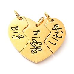 Golden 304 Stainless Steel Pendants, with Jump Ring, Split Pendants, Heart with Word Big & Middle & Little, Golden, Big & Little Puzzle: 22x12x2mm, Hole: 6mm, Middle Puzzle: 27.5x18x2mm, Hole: 6mm