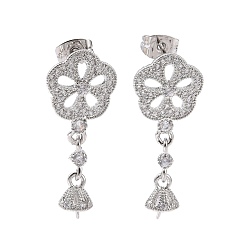 Platinum Brass Micro Pave Clear Cubic Zirconia Stud Earring Findings, with Ear Nuts, for Half Drilled Beads, Flower, Cadmium Free & Lead Free, Platinum, 29mm, Pin: 0.8mm and 0.7mm(for half drilled beads)