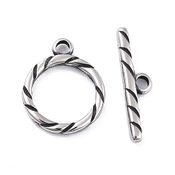 Antique Silver 304 Stainless Steel Toggle Clasps, Tibetan Style, Grooved, Antique Silver, Ring: 19x16x2.5mm, Hole: 2.5mm, Bar: 6x23x3mm, Hole: 2.5mm