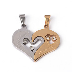 Золотой & Цвет Нержавеющей Стали 304 подвески из нержавеющей стали, раскол сердца, со стразами и слова я тебя люблю, на день Святого Валентина, золотые и нержавеющая сталь цвет, 25x30x3 мм, отверстие : 3.5x7 мм