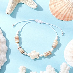 Tortoise Регулируемые плетеные браслеты из синтетических бусин бирюзового цвета для женщин, бирюза и морская звезда, с натуральными пресноводными ракушками, черепаха, внутренний диаметр: 1-1/4~3-1/8 дюйм (3.2~7.8 см) внутренний диаметр, Черепаха: 14x17.5x7 мм