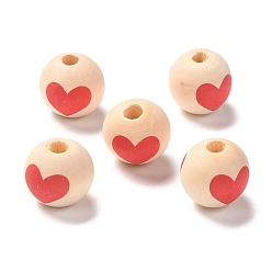 Red Printed Wood European Beads, Large Hole Beads, Round with Heart Pattern, Red, 16x15mm, Hole: 4mm