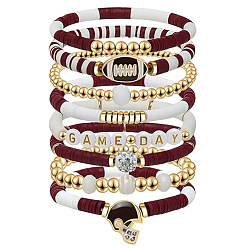 Темно-Красный 7Набор браслетов из полимерной глины Heishi и пластиковых бусин CCB в стиле регби, украшения из сплава с подвесками для женщин, золотые, темно-красный, внутренний диаметр: 2-3/8 дюйм (6 см)