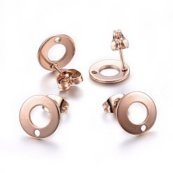 Rose Gold Ion Plating(IP) 304 Stainless Steel Stud Earring Findings, with Loop & Earring Backs, Flat Round, Rose Gold, 10x1mm, Hole: 1.5mm, Pin: 0.8mm