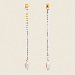 Настоящее золото 18K Овальные 304 серьги-гвоздики из нержавеющей стали и пресноводного жемчуга, реальный 18 k позолоченный, 95x5 мм