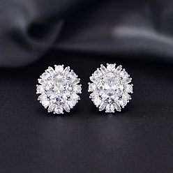 Claro Aretes de latón con micro pavé de zirconia cúbica para mujer, oval, Platino, Claro, 21x19 mm