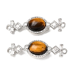 Платина Латунные застежки из прозрачного кубического циркония с микропаве, с натуральным тигровый глаз, овальные с ромбами, платина, 36x11x9 мм, отверстие : 1.8 мм