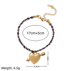 Сердце 304 Браслеты с подвесками из нержавеющей стали и хлопкового шнура, реальный 18 k позолоченный, сердце со стрелой купидона, 6.69 дюйм (17 см)