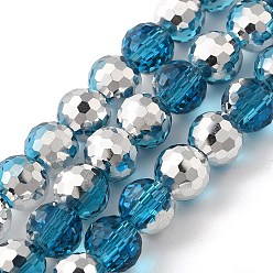 Темно-Голубой Гальванические стеклянные бусины, с половиным покрытием, граненые, круглые, глубокое синее небо, 7.5~8 мм, отверстие : 1.2~1.3 мм, около 67~68 шт / нитка, 18.90~19.76 дюйм (48~50.2 см)