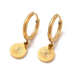 Золотой Плоские круглые серьги-гвоздики с кристаллами и стразами, вакуумное покрытие pvd 304 ювелирные изделия из нержавеющей стали для женщин, золотые, 24.5 мм, штифты : 1 мм