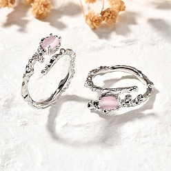 Лавандовый румянец Овальные латунные манжеты-кольца кошачий глаз для женщин, без кадмия и без свинца, прочное покрытие, платина, лавандовый румянец, 8.5 мм, размер США 7 1/4 (17.5 мм)