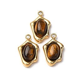 Тигровый глаз Натуральные овальные подвески из тигрового глаза, с 304 установками из нержавеющей стали, реальный 14 k позолоченный, 14.5x9x4.5 мм, отверстие : 1.4 мм