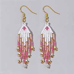 Pink Серьги-кисточки из бисера ручной работы из богемного стекла, золотые, розовые, 75x20 мм