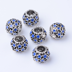 Blue Alloy Enamel European Beads, with Rhinestones, Large Hole Beads, Rondelle, Antique Silver, Blue, 11x9mm, Hole: 5mm