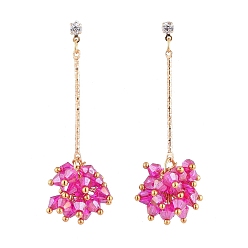 Magenta Faceted Glass Beads Stud Earrings, Cluster Earrings, with Iron Bar Links, Brass Stud Earring Findings and Ear Nuts, Magenta, 53.5mm