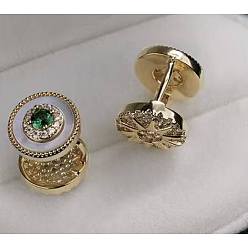 Зеленый Латунные микро проложить серьги обруча кубического циркония, с естественной оболочке, плоско-круглые, золотые, зелёные, 12x10 мм