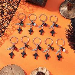 Античный Серебристый & Платиновый Брелки из натуральных смешанных камней, с крестом из синтетической бирюзы и фурнитурой из сплава и железными разъемными кольцами для ключей, старинное серебро и платина, 73 мм, 9 шт / комплект