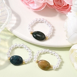 (RRHB277) Кристалл на подкладке из медово-бежевого цвета Кольца-растяжки из натурального индийского агата для женщин, яйцевидный, с абс пластмассовой имитационной жемчужиной, 10~10.5 мм, размер США 8 1/2 (18.5 мм) ~ размер США 12 1/4 (21.5 мм)