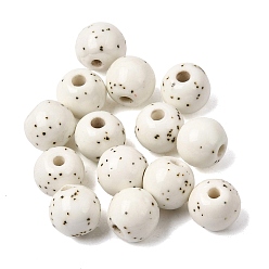 White Speckled Round Handmade Ceramic Beads, Black Dot Glazed Porcelain Bead, White, 11x10mm, Hole: 2.5mm