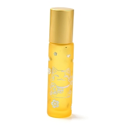 Gold Glass Roller Bottles, with Lid and Glass Roller Balls, Refillable Bottles, Column with Fortune Cat Pattern & Chinese Character, Gold, 2x8.6cm, Hole: 9.5mm, Capacity: 10ml(0.34fl. oz)