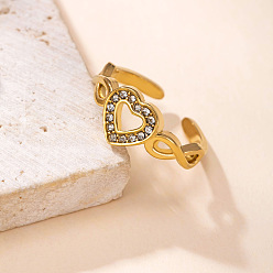Golden 304 Stainless Steel Cuff Open Rings, Heart, with Rhinestone, Golden, US Size 4 1/4(15mm)~20mm
