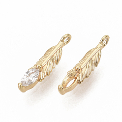 Real 18K Gold Plated Brass Micro Pave Clear Cubic Zirconia Charms, Nickel Free, Real 18K Gold Plated, Feather, 12.5x3x2.5mm, Hole: 1mm