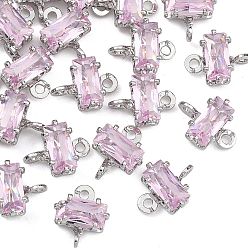 Pink SHEGRACE Brass Pave Cubic Zirconia Rectangle Connector Charms, Cadmium Free & Nickel Free & Lead Free, Long-Lasting Plated, Real Platinum Plated, Pink, 9x7x4mm, Hole: 1mm and 1.2mm