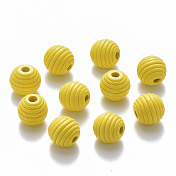 Yellow Painted Natural Wood Beehive Beads, Round, Yellow, 12x11mm, Hole: 3.5mm