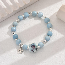 Небесно-голубой Керамические бусины ручной работы, эластичные браслеты, браслеты с подвесками из сплава для женщин, голубой, внутренний диаметр: 2-1/8 дюйм (5.5 см) ~ 3-1/8 дюйм (8 см)