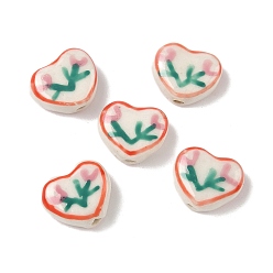 Красный Фарфоровые бусины ручной работы, Сердце со цветками , красные, 12~12.5x14~15x6.5~7 мм, отверстие : 1.8 мм