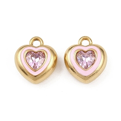 Pink 304 нержавеющей стальной эмали подвески, сердце, со стразами, реальный 18 k позолоченный, вакуумное покрытие pvd, розовые, 16x14x7.5 мм, отверстие : 2 мм