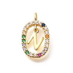Letter N Латунные микро проложить кубического циркония подвески, без кадмия, без никеля и без свинца, реальный 18 k позолоченный, овал с подвесками в виде букв, Письмо N, 18.5x11x3.5 мм, отверстие : 2x1.5 мм