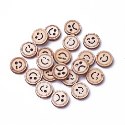Antique White Undyed Wood Cabochons, Flat Round with Face, Antique White, 12.5~13x2~3mm