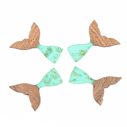 Бледно-бирюзовый Подвески из прозрачной смолы и ореха, с фольгой, форма русалки русалки, бледные бирюзовая, 39x28x3 мм, отверстие : 2 мм