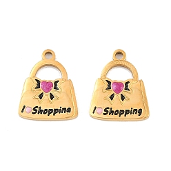 Rose Foncé 304 acier inoxydable avec pendentifs en émail, placage ionique (ip), Sac avec l'inscription « J'adore le shopping » et des breloques en forme de nœud papillon, or, rose foncé, 15.5x12.5x1.5mm, Trou: 1.6mm