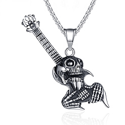 Plata Antiguo & Color de  Acero Inoxidable Halloween 304 Collares con colgante de calavera de guitarra de acero inoxidable para hombre, plata antigua y el color de acero inoxidable, 23.62 pulgada (60 cm)