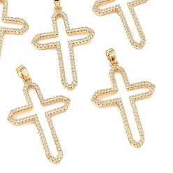 Real 18K Gold Plated SHEGRACE Brass Micro Pave Cubic Zirconia Pendants, Cross Charms, Cadmium Free & Nickel Free & Lead Free, Clear, Real 18K Gold Plated, 34x23x2mm, Hole: 2.5x5mm
