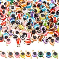 Mixed Color Resin Beads Link Connectors, with Golden Brass Eye Pin, Round with Evil Eye, Mixed Color, 14.5x7.5mm, Hole: 2.5mm, 200pcs