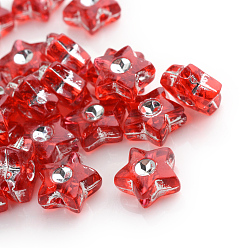 Red Plating Transparent Acrylic Beads, Silver Metal Enlaced, Star, Red, 9x8.5x4mm, Hole: 1mm, about 3000pcs/500g