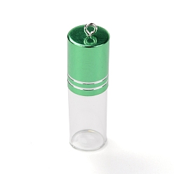 Green Transparent Glass Perfume Bottle Pendant, with Brass Screw Cap Bottle, Green, 53x15.5mm, Hole: 2mm, Capacity: 3ml(0.10fl. oz)