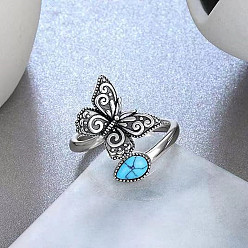 Античное Серебро Сплав бабочка и слеза с синтетической бирюзой, имитация смолы, регулируемые манжеты, античное серебро, Бабочка: 13.8 mm, внутренний диаметр: регулируемый