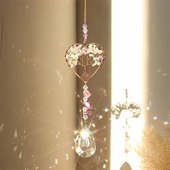 Флюорит Сердце из натуральной флюоритовой крошки с подвесными украшениями в виде дерева жизни, Стеклянные каплевидные солнечные лучи с кисточками для украшения дома и улицы, 380 мм