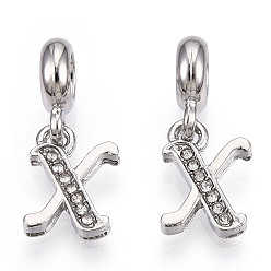 Letter X Европейские подвески с подвесками из платинового сплава со стразами, Подвески с большими отверстиями, буквы, без кадмия и без свинца, letter.x, 23~27 мм, отверстие : 4.5 мм, подвески: 13~16.5x6~14x2 мм, отверстие : 2 мм