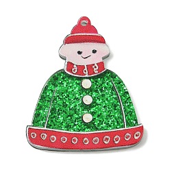 Снеговик Рождественские акриловые подвески, с блеском порошок, снеговик, 34.5x28.5x2.8 мм, отверстие : 1.4 мм