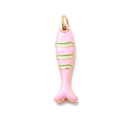 Pink Brass with Enamel Pendants, Fish Charms, Rack Plating, Long-Lasting Plated, Lead Free & Cadmium Free, Real 18K Gold Plated, Pink, 27.5x8x4mm, Hole: 4mm