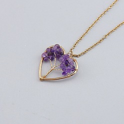 Amethyst Natural Amethyst Chip Beaded Tree of Life Alloy Heart Pendant Necklaces, Golden, 20.87 inch(53cm)