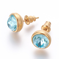 Небесно-голубой 304 из нержавеющей стали уха шпильки, с кубического циркония, ионное покрытие (ip), плоско-круглые, золотые, голубой, 10x17 мм , штифт: 0.7 мм