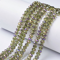 Olive Electroplate Transparent Glass Beads Strands, Full Rainbow Plated, Faceted, Rondelle, Olive, 3x2mm, Hole: 0.8mm, about 150~155pcs/strand, 15~16 inch(38~40cm)